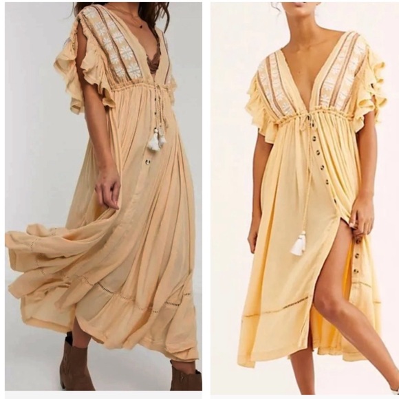 Free People Dresses & Skirts - FREE PEOPLE WILL WAIT FOR YOU BALI FLORAL SHORT SLEEVE MIDI DRESS SMALL MEDIUM